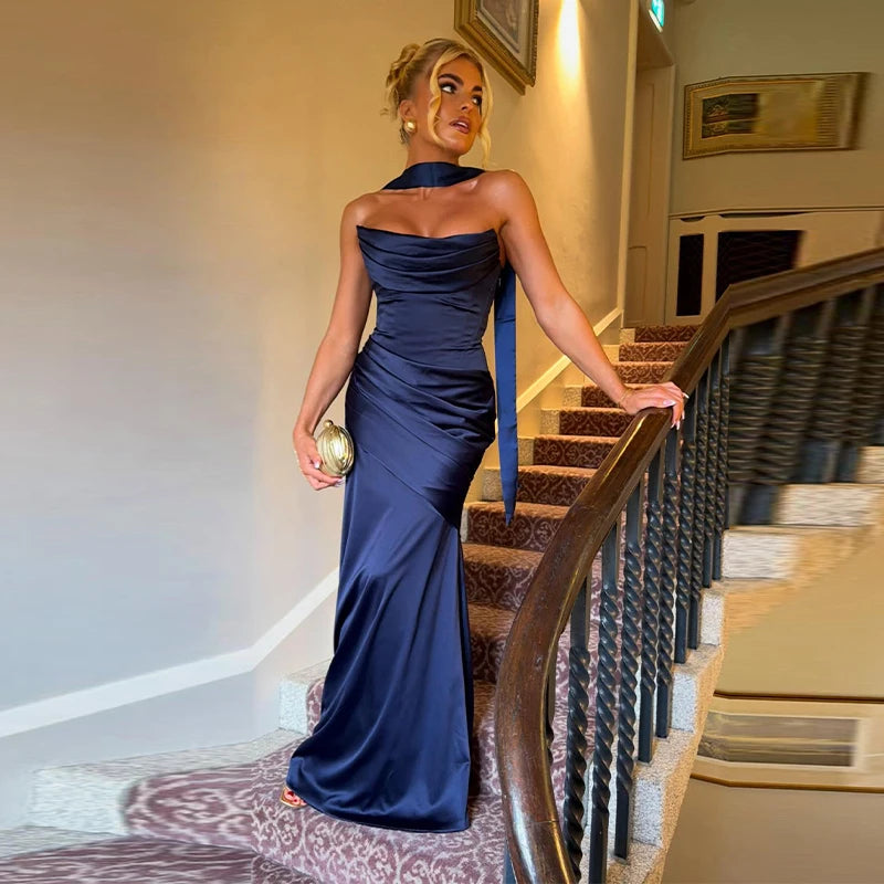 Women’s Strapless Satin Evening Gown – Backless Bodycon Party Dress