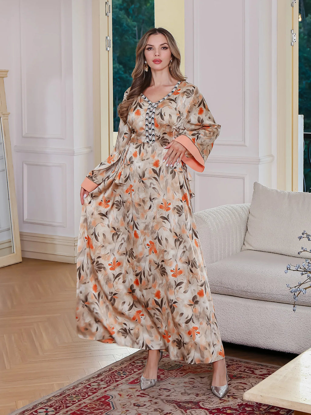 Elegant V-Neck Print Abaya