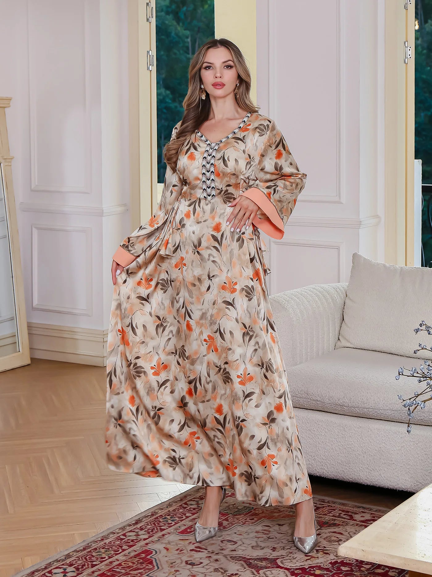 Elegant V-Neck Print Abaya