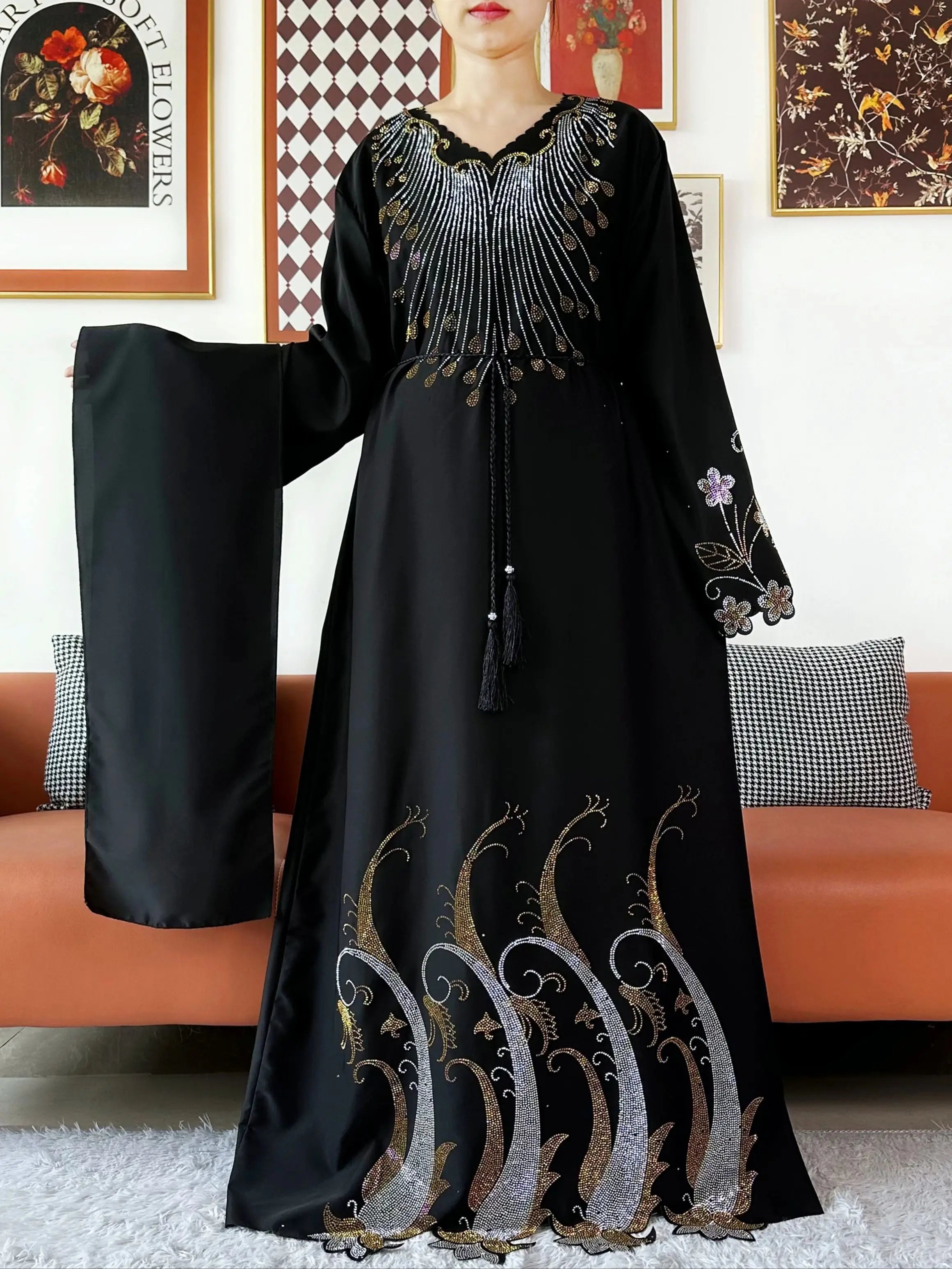 Diamond Chiffon Abaya – Elegant Hijab Dress with Long Sleeves