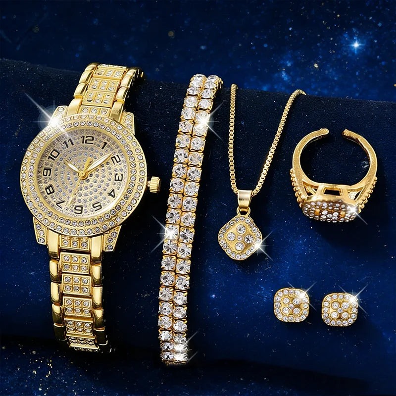 Trendora Diamond Starry Sky Watch Set — 5-Piece Luxury Quartz Collection