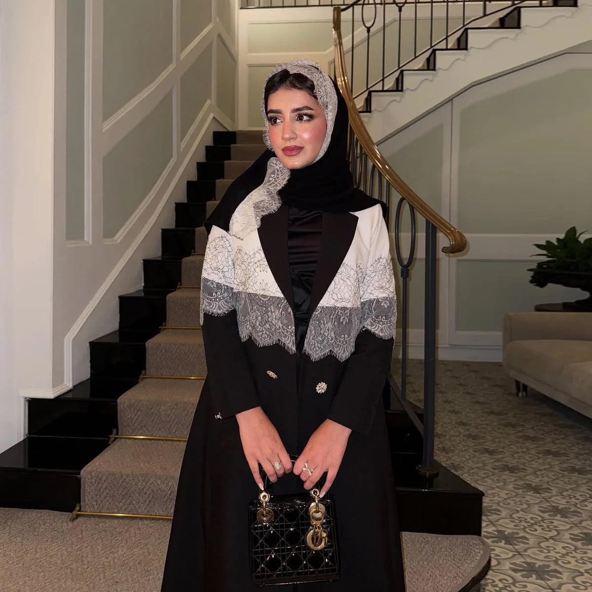 Lace Open Abaya With Scarf