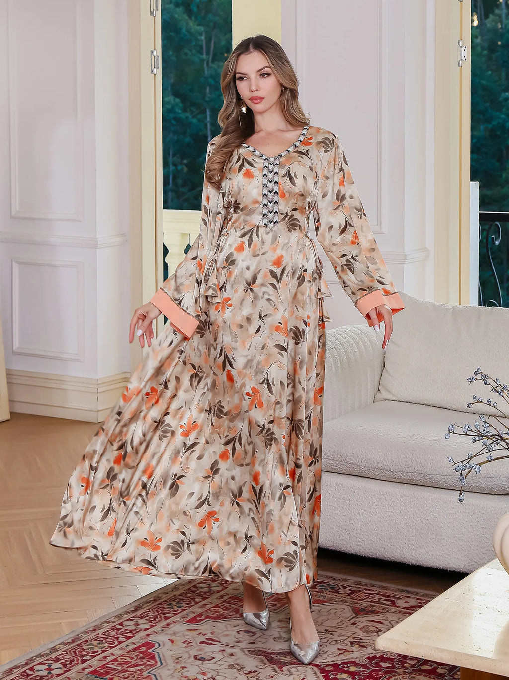 Elegant V-Neck Print Abaya
