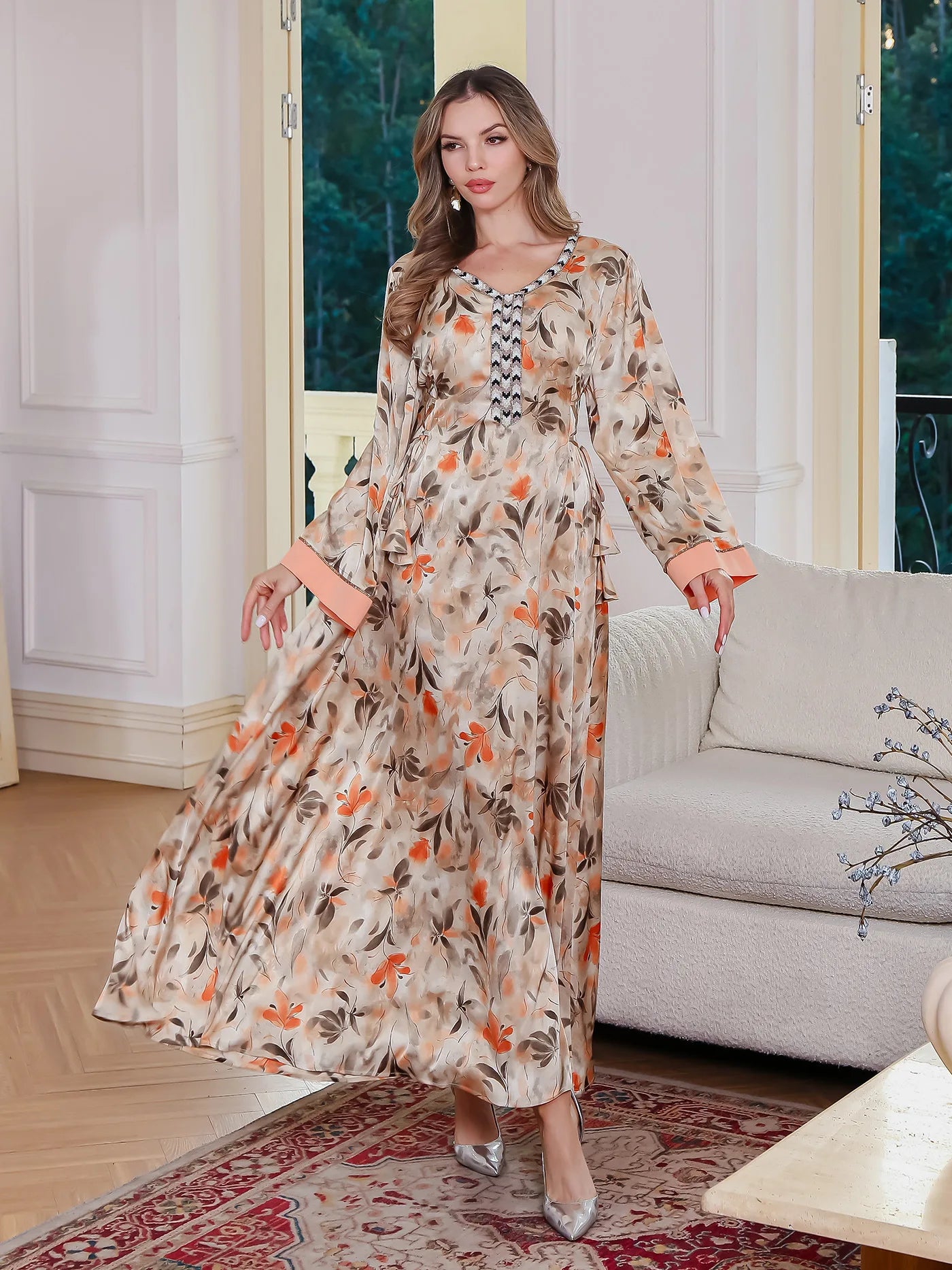 Elegant V-Neck Print Abaya