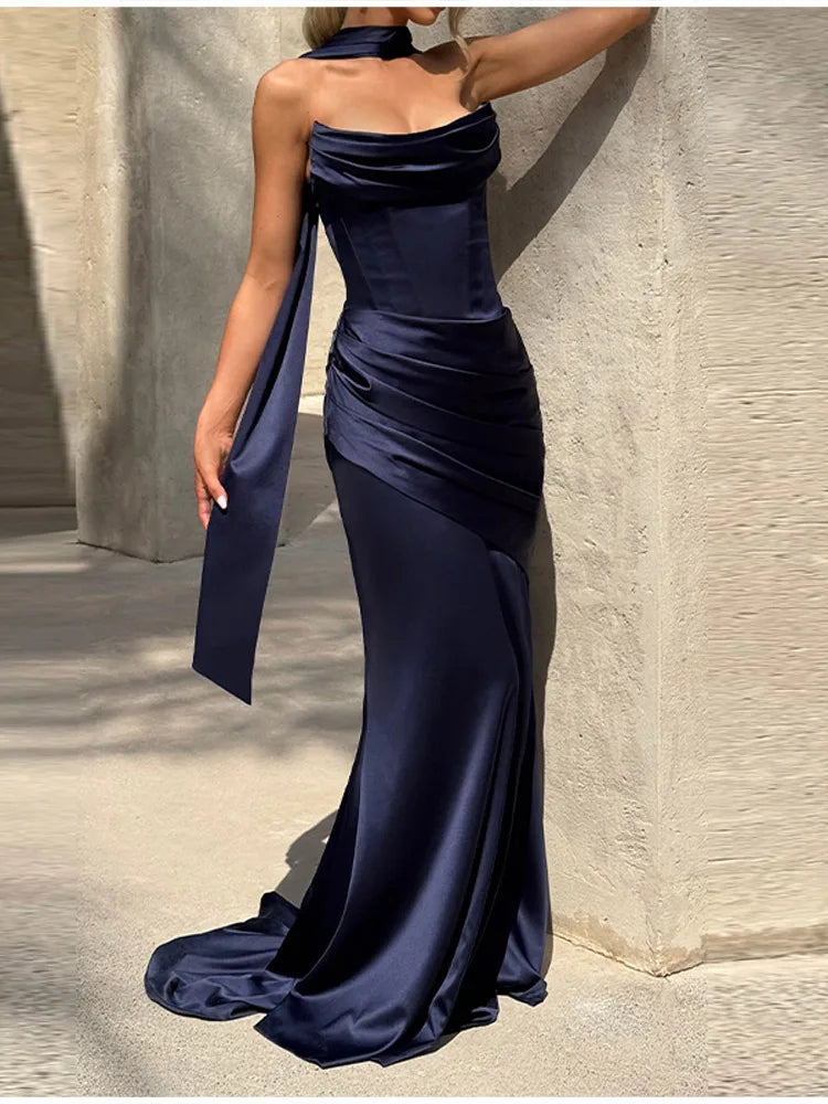 Women’s Strapless Satin Evening Gown – Backless Bodycon Party Dress