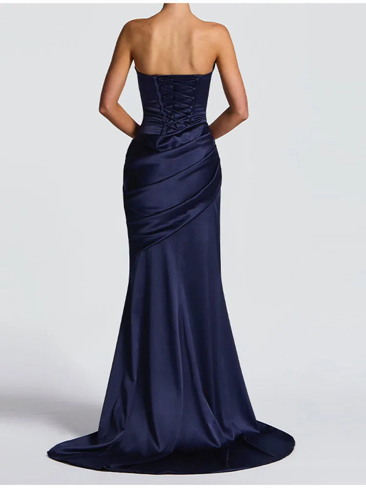 Women’s Strapless Satin Evening Gown – Backless Bodycon Party Dress