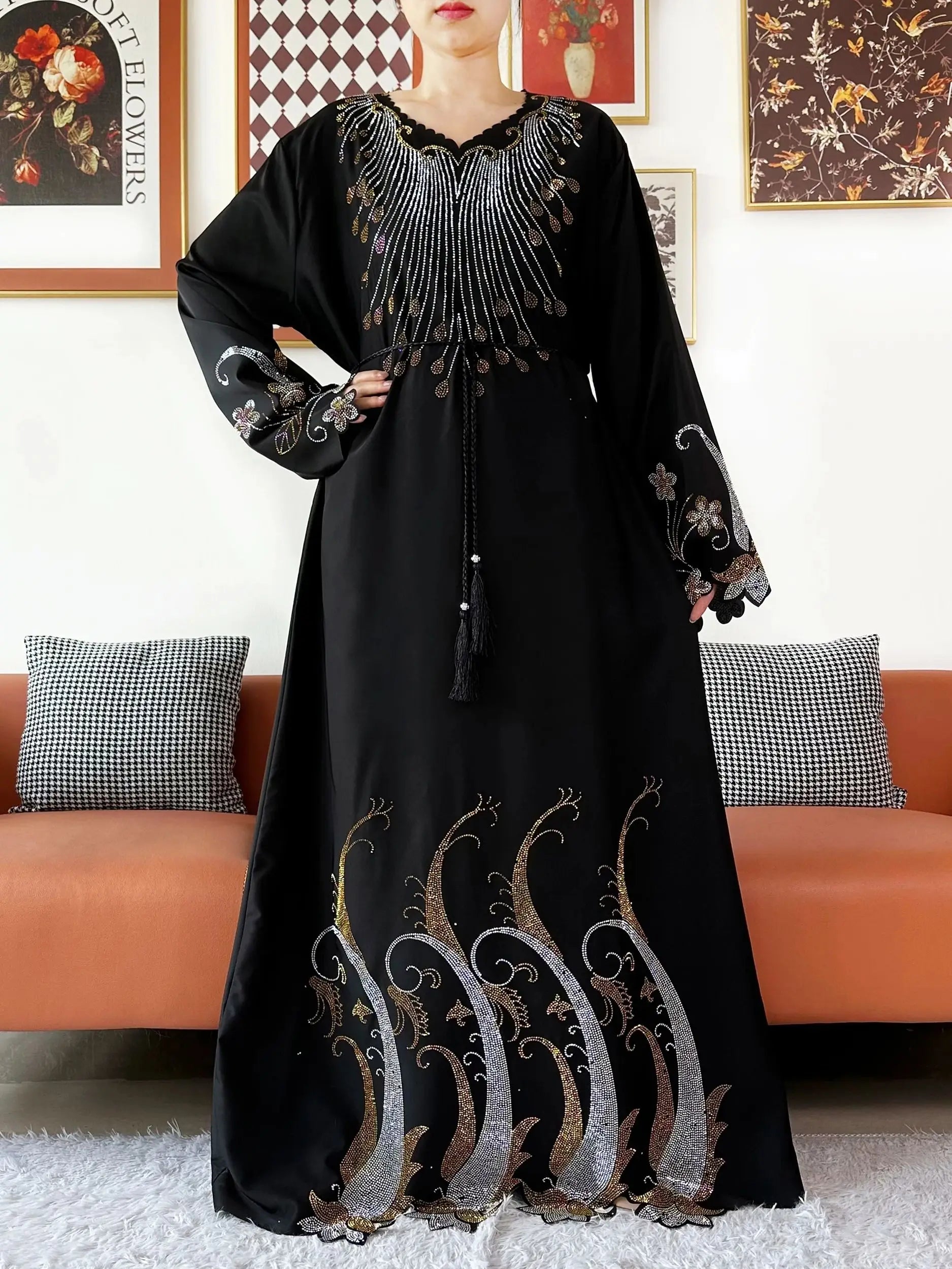 Diamond Chiffon Abaya – Elegant Hijab Dress with Long Sleeves