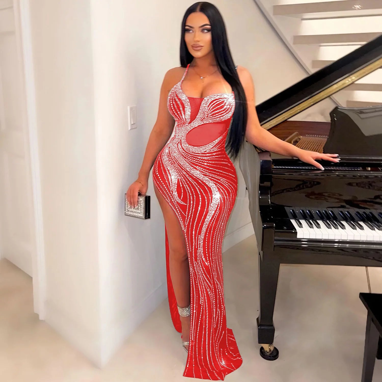 Luxe Black Crystal Maxi Dress
Chic Sparkle Mesh Maxi Dress