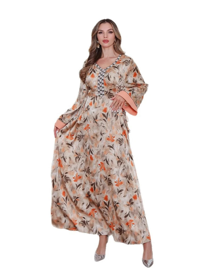 Elegant V-Neck Print Abaya