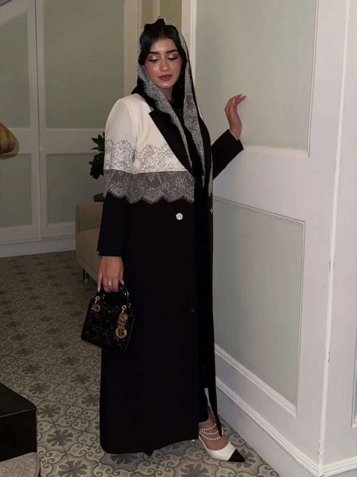 Lace Open Abaya With Scarf