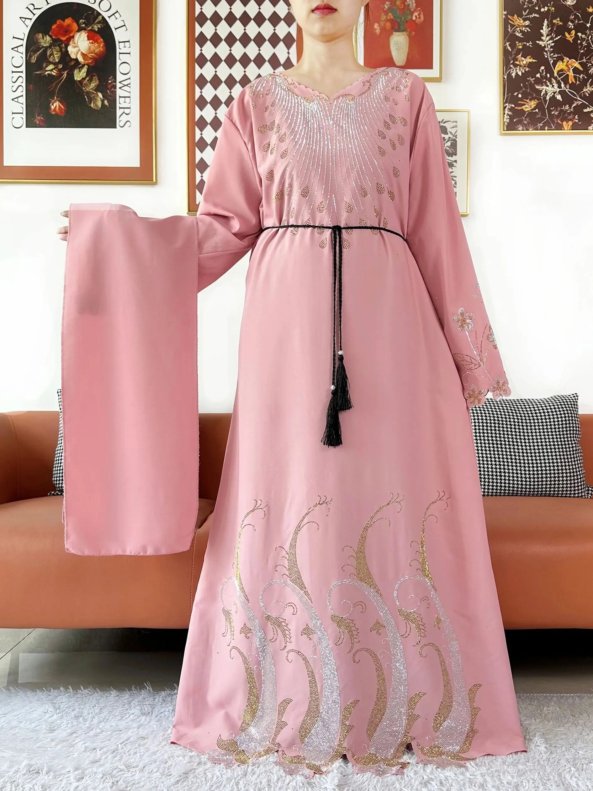 Diamond Chiffon Abaya – Elegant Hijab Dress with Long Sleeves
