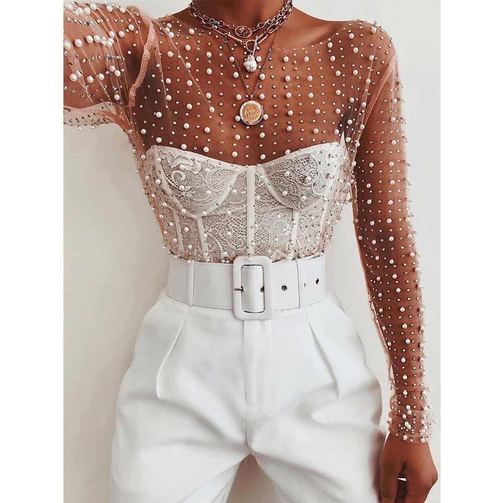 Luxe Mesh Diamond Top
Chic Sheer Pearl Crop Top