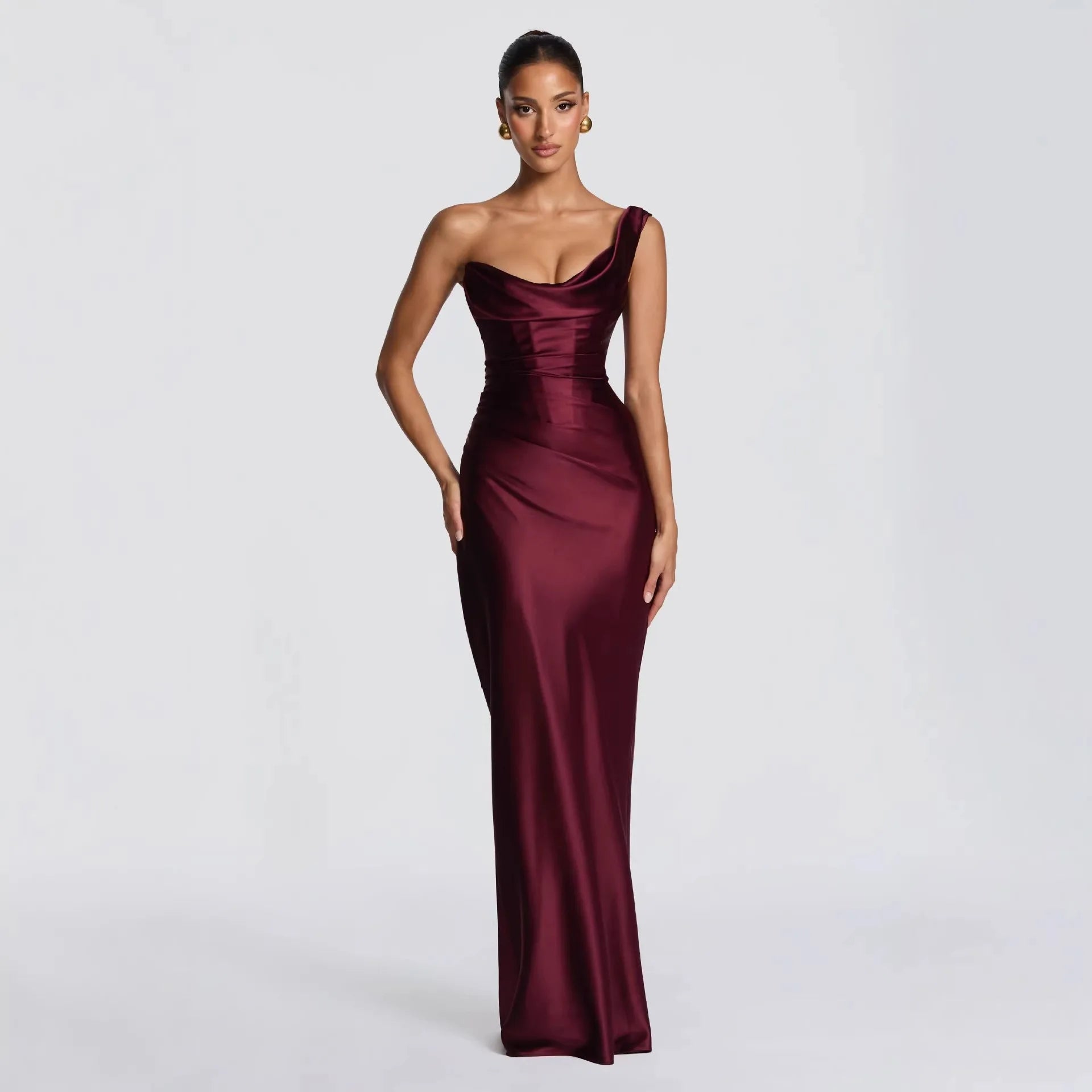 Elegant Satin One Shoulder Evening Dress – Backless Bodycon Gown