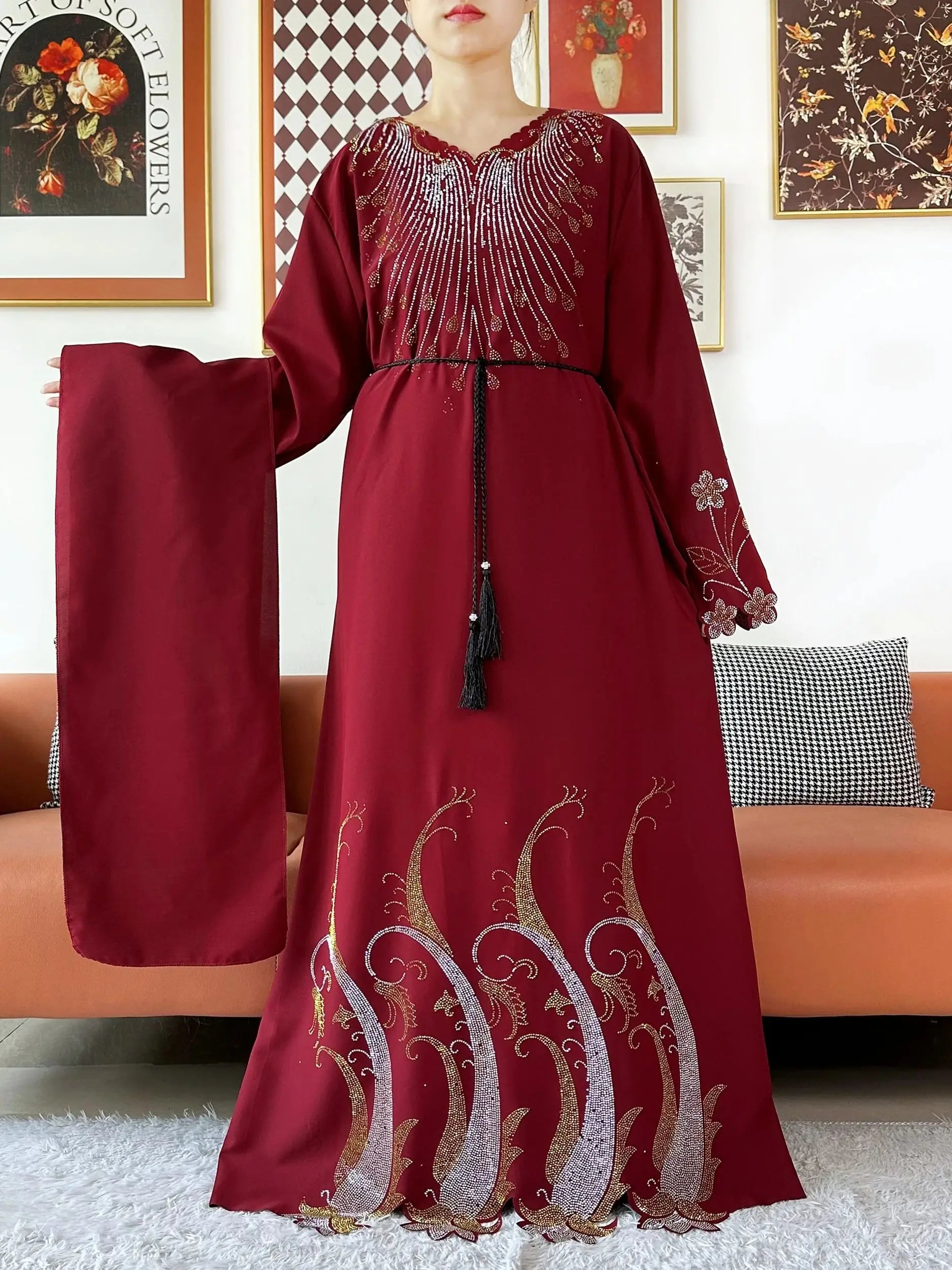Diamond Chiffon Abaya – Elegant Hijab Dress with Long Sleeves