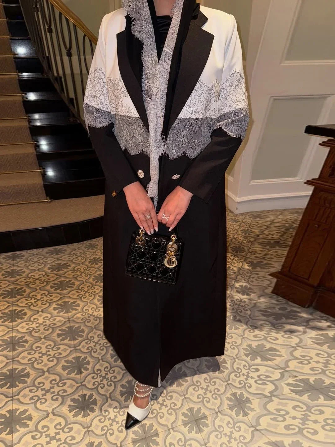 Lace Open Abaya With Scarf