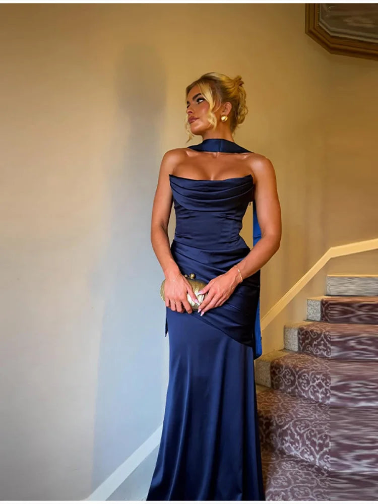 Women’s Strapless Satin Evening Gown – Backless Bodycon Party Dress