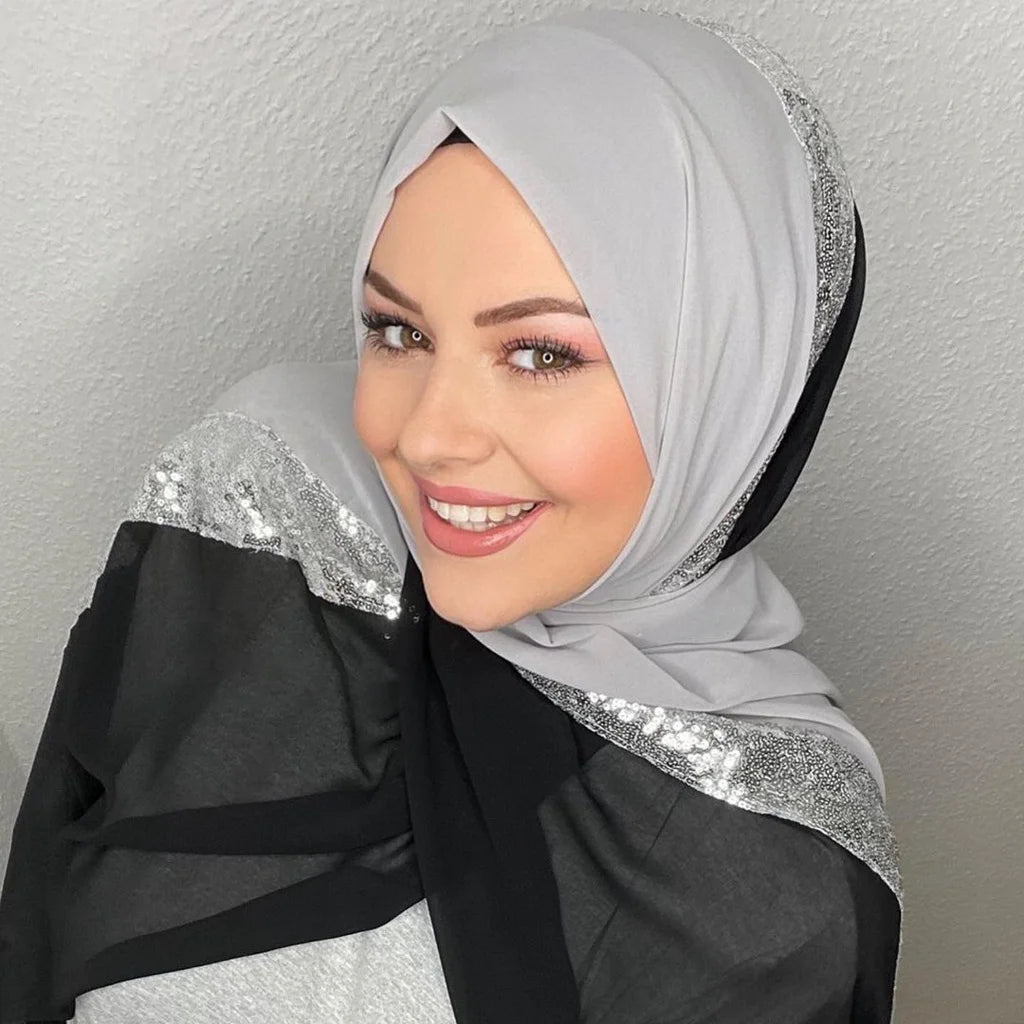 حجاب شيفون فاخر بالترتر والكريستال — إطلالة مميزة للمناسبات