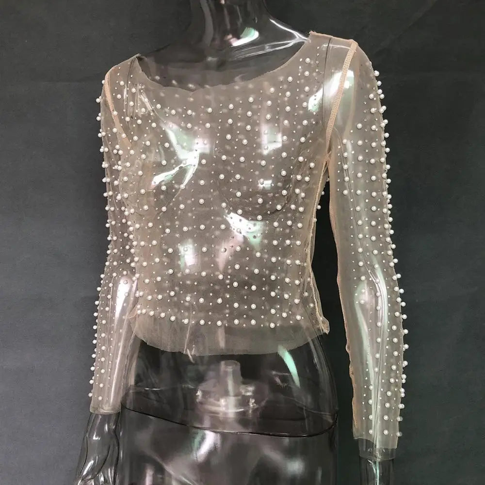 Luxe Mesh Diamond Top
Chic Sheer Pearl Crop Top