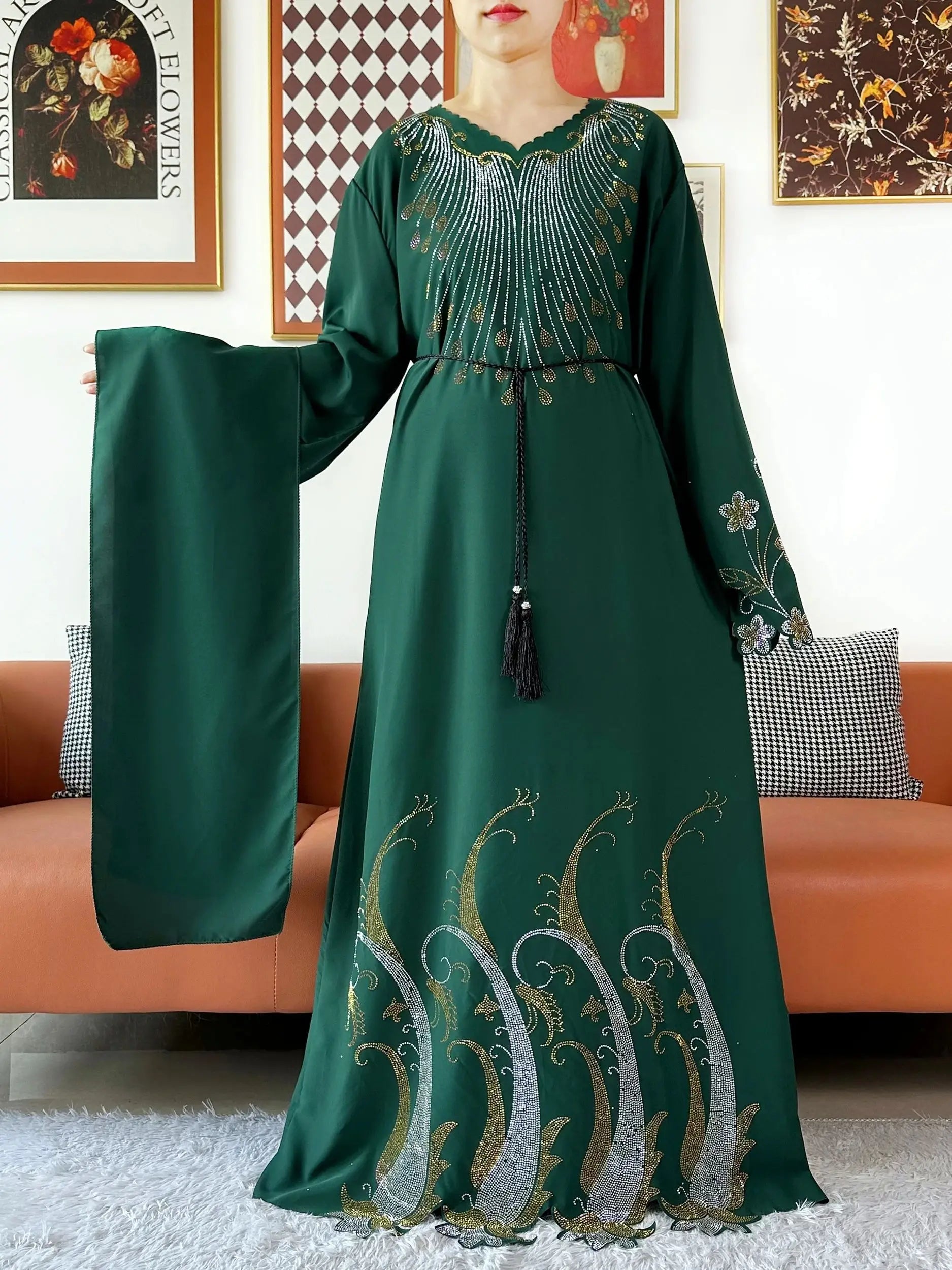 Diamond Chiffon Abaya – Elegant Hijab Dress with Long Sleeves