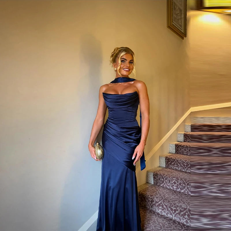Women’s Strapless Satin Evening Gown – Backless Bodycon Party Dress