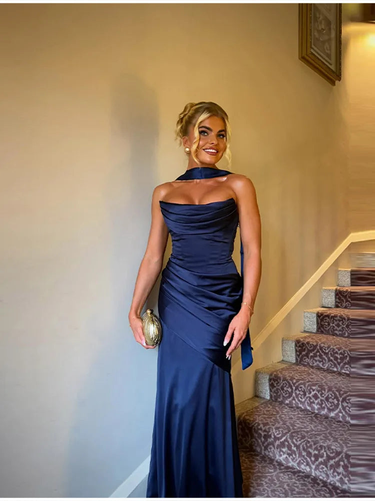 Women’s Strapless Satin Evening Gown – Backless Bodycon Party Dress
