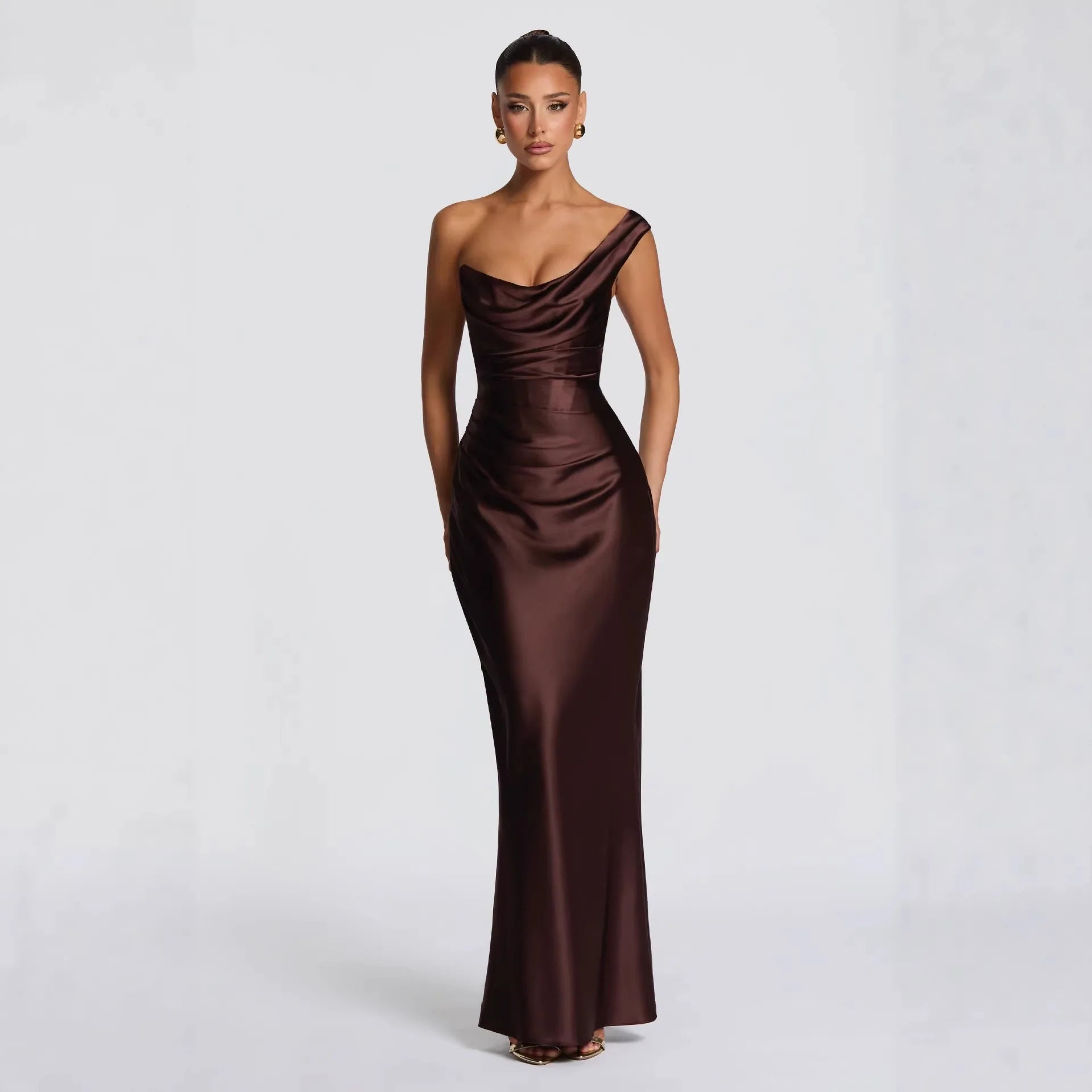 Elegant Satin One Shoulder Evening Dress – Backless Bodycon Gown