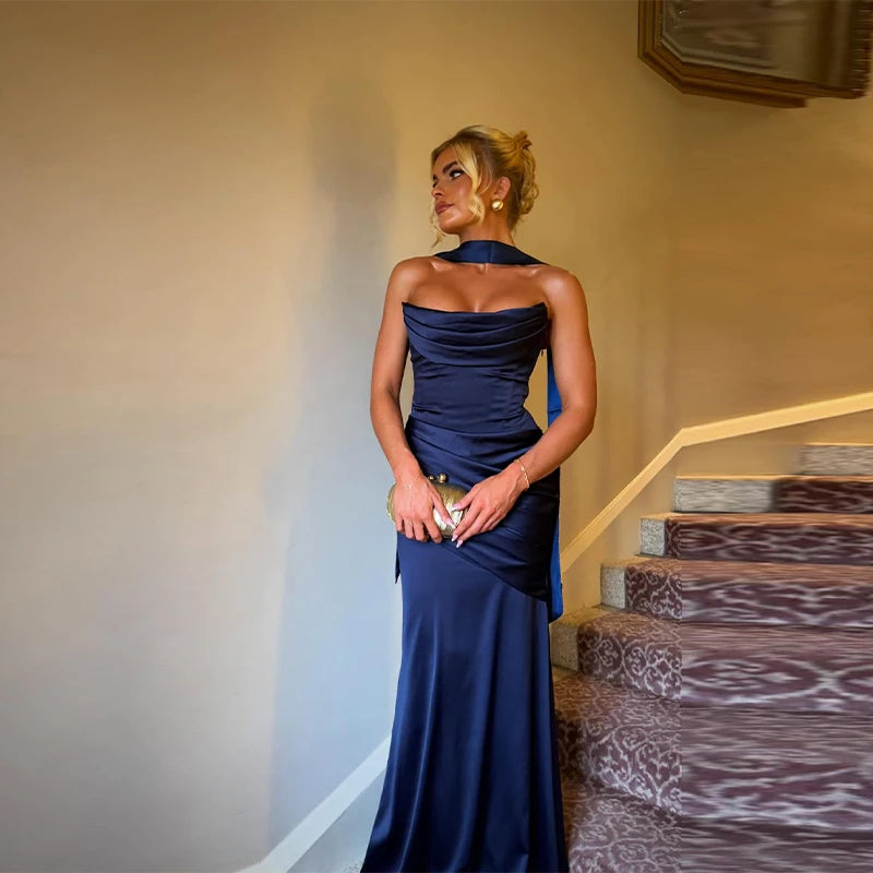 Women’s Strapless Satin Evening Gown – Backless Bodycon Party Dress
