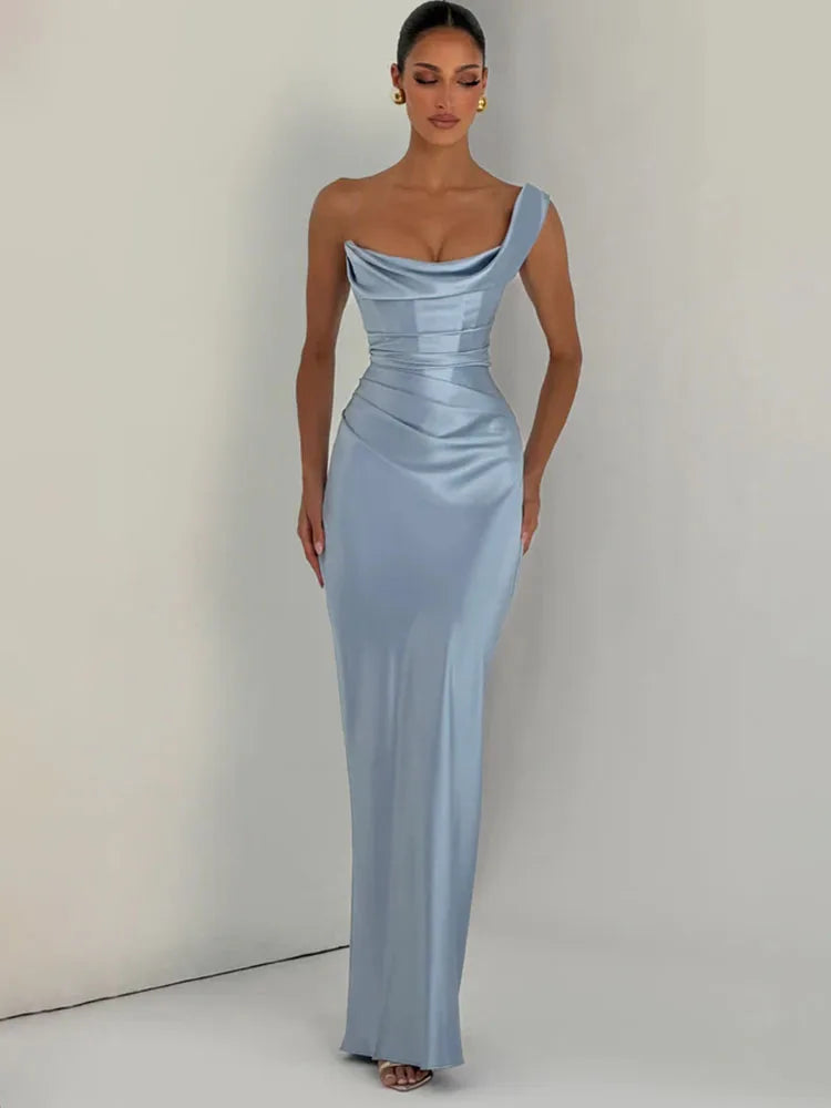 Elegant Satin One Shoulder Evening Dress – Backless Bodycon Gown